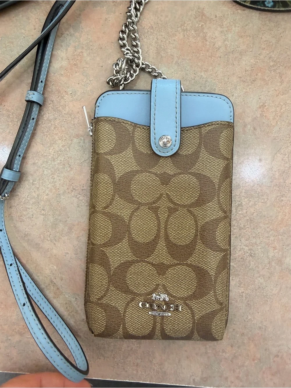 Coach Tan Signature Canvas Phone Crossbody with Light Blue Trim